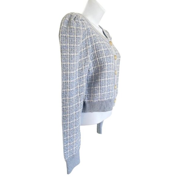 Love Shack Fancy Daughter Cropped Cardigan Sz M Tweed Checked Blue Gold Buttons - Picture 5 of 10